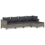 5-Piece Garden Lounge Set with Cushions Grey Poly Rattan Wicker Outdoor Patio Furniture