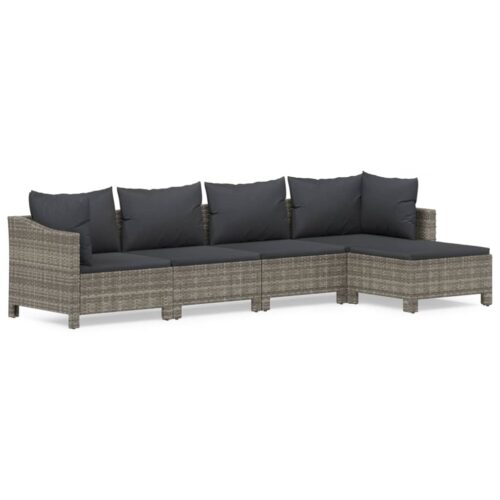 5-Piece Garden Lounge Set with Cushions Grey Poly Rattan Wicker Outdoor Patio Furniture