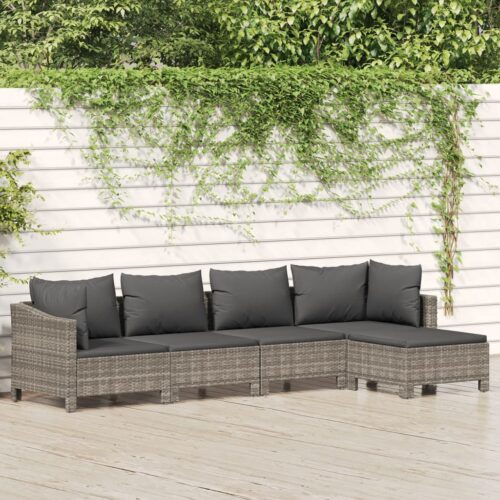 5-Piece Garden Lounge Set with Cushions Grey Poly Rattan Wicker Outdoor Patio Furniture - Image 2