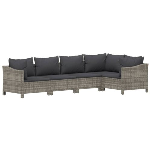 5-Piece Garden Lounge Set with Cushions Grey Poly Rattan Wicker Outdoor Patio Furniture - Image 3