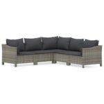 5-Piece Garden Lounge Set with Cushions Grey Poly Rattan Wicker Outdoor Patio Furniture