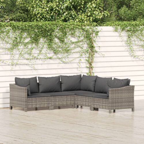 5-Piece Garden Lounge Set with Cushions Grey Poly Rattan Wicker Outdoor Patio Furniture - Image 2