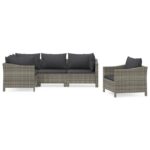 5-Piece Garden Lounge Set with Cushions Grey Poly Rattan Wicker Outdoor Patio Furniture