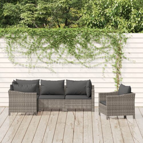 5-Piece Garden Lounge Set with Cushions Grey Poly Rattan Wicker Outdoor Patio Furniture - Image 2