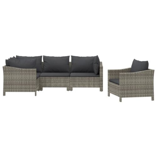 5-Piece Garden Lounge Set with Cushions Grey Poly Rattan Wicker Outdoor Patio Furniture - Image 3