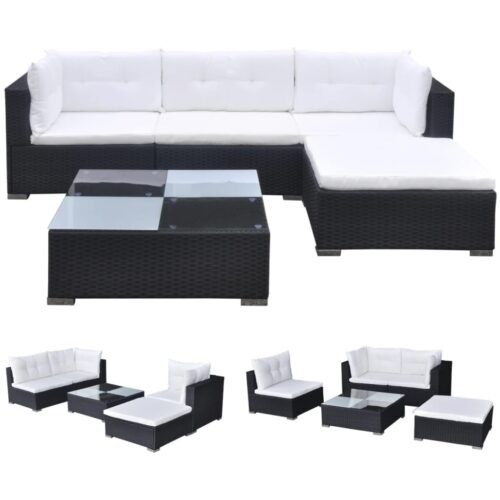 5-Piece Garden Lounge Set with Cushions Poly Rattan Wicker Outdoor Patio Furniture Black