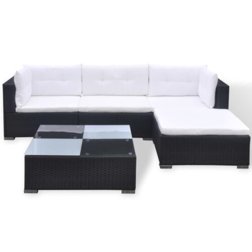 5-Piece Garden Lounge Set with Cushions Poly Rattan Wicker Outdoor Patio Furniture Black - Image 3