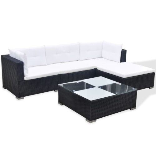 5-Piece Garden Lounge Set with Cushions Poly Rattan Wicker Outdoor Patio Furniture Black - Image 4