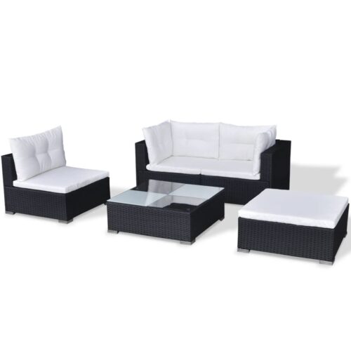 5-Piece Garden Lounge Set with Cushions Poly Rattan Wicker Outdoor Patio Furniture Black - Image 5