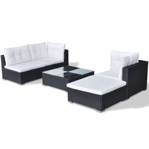 5-Piece Garden Lounge Set with Cushions Poly Rattan Wicker Outdoor Patio Furniture Black - Image 6