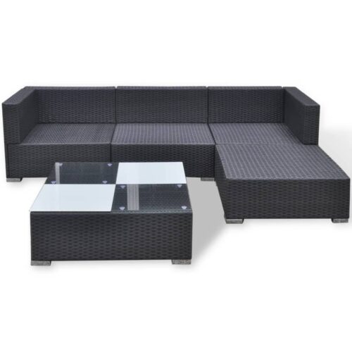 5-Piece Garden Lounge Set with Cushions Poly Rattan Wicker Outdoor Patio Furniture Black - Image 7