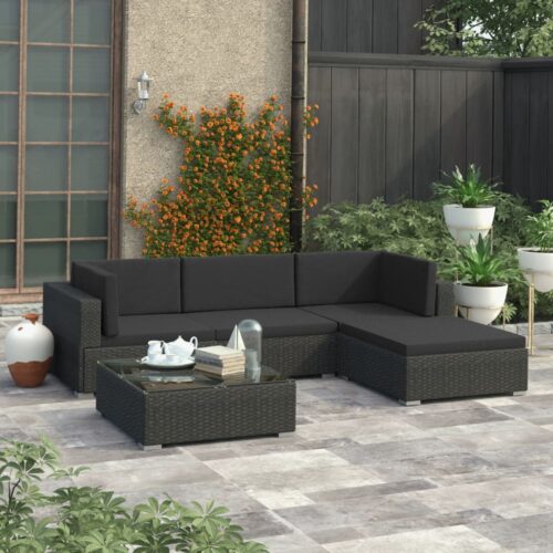 5-Piece Garden Lounge Set with Cushions Poly Rattan Wicker Outdoor Patio Furniture Black - Image 2