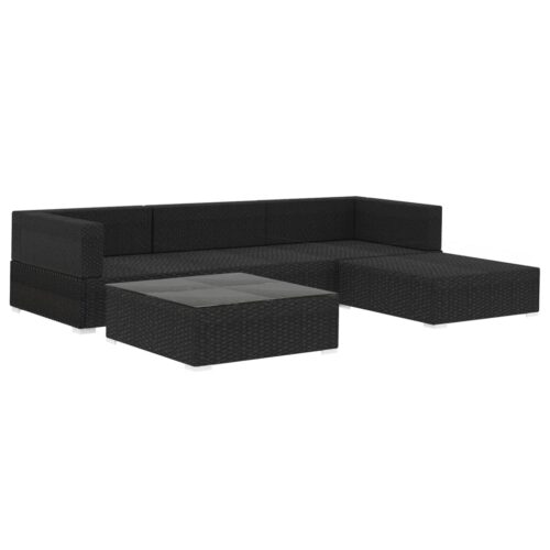 5-Piece Garden Lounge Set with Cushions Poly Rattan Wicker Outdoor Patio Furniture Black - Image 3