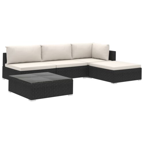 5-Piece Garden Lounge Set with Cushions Poly Rattan Wicker Outdoor Patio Furniture Black