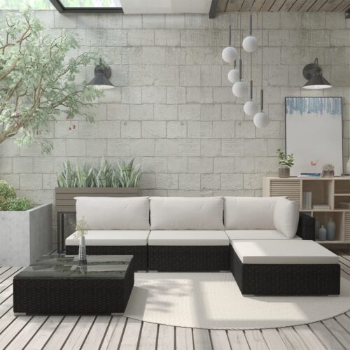 5-Piece Garden Lounge Set with Cushions Poly Rattan Wicker Outdoor Patio Furniture Black - Image 2