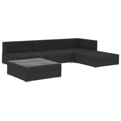 5-Piece Garden Lounge Set with Cushions Poly Rattan Wicker Outdoor Patio Furniture Black - Image 3