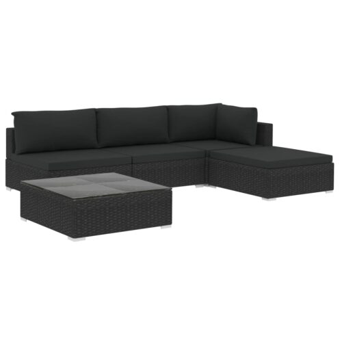 5-Piece Garden Lounge Set with Cushions Poly Rattan Wicker Outdoor Patio Furniture Black