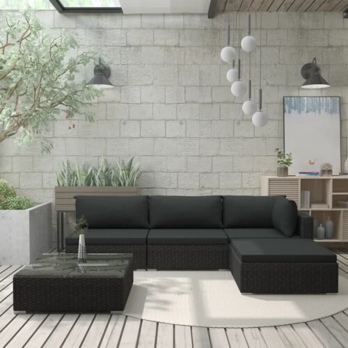 5-Piece Garden Lounge Set with Cushions Poly Rattan Wicker Outdoor Patio Furniture Black - Image 2