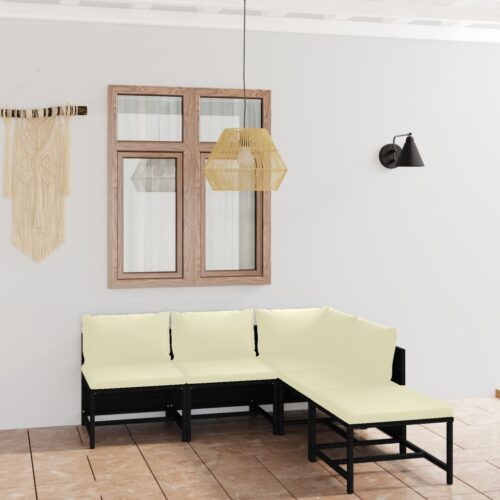 5-Piece Garden Lounge Set with Cushions Poly Rattan Wicker Outdoor Patio Furniture Black - Image 2