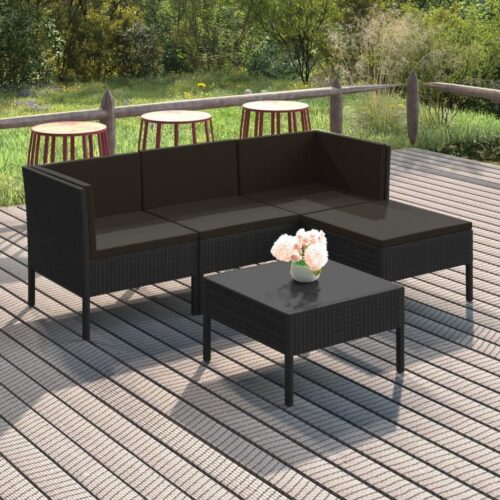 5-Piece Garden Lounge Set with Cushions Poly Rattan Wicker Outdoor Patio Furniture Black - Image 2