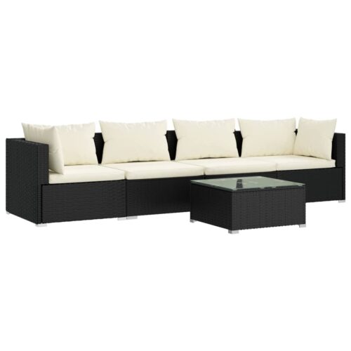 5-Piece Garden Lounge Set with Cushions Poly Rattan Wicker Outdoor Patio Furniture Black