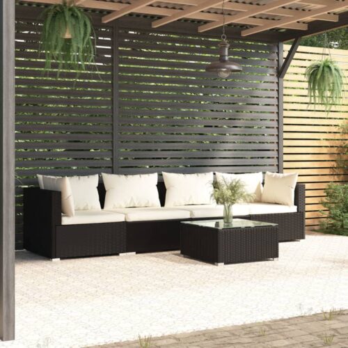 5-Piece Garden Lounge Set with Cushions Poly Rattan Wicker Outdoor Patio Furniture Black - Image 2