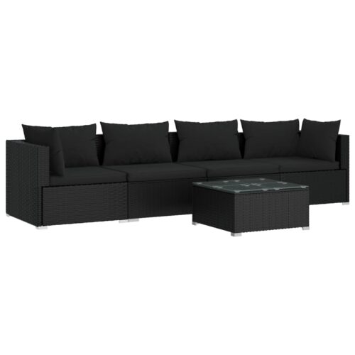 5-Piece Garden Lounge Set with Cushions Poly Rattan Wicker Outdoor Patio Furniture Black