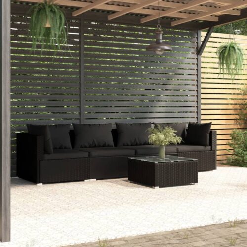 5-Piece Garden Lounge Set with Cushions Poly Rattan Wicker Outdoor Patio Furniture Black - Image 2