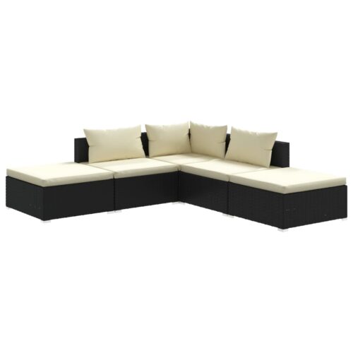 5-Piece Garden Lounge Set with Cushions Poly Rattan Wicker Outdoor Patio Furniture Black