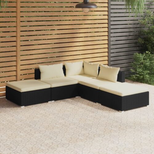 5-Piece Garden Lounge Set with Cushions Poly Rattan Wicker Outdoor Patio Furniture Black - Image 2