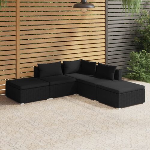 5-Piece Garden Lounge Set with Cushions Poly Rattan Wicker Outdoor Patio Furniture Black - Image 2