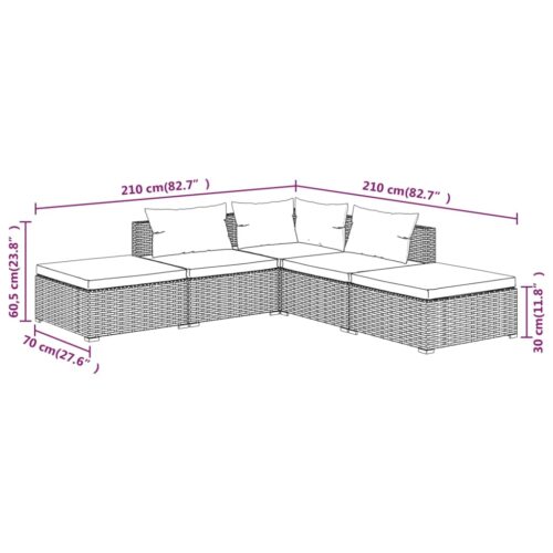 5-Piece Garden Lounge Set with Cushions Poly Rattan Wicker Outdoor Patio Furniture Black - Image 6