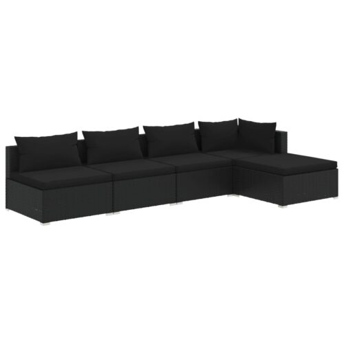 5-Piece Garden Lounge Set with Cushions Poly Rattan Wicker Outdoor Patio Furniture Black