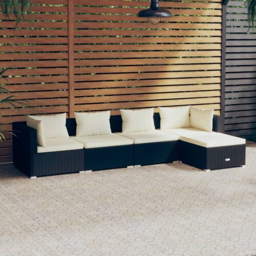 5-Piece Garden Lounge Set with Cushions Poly Rattan Wicker Outdoor Patio Furniture Black - Image 2
