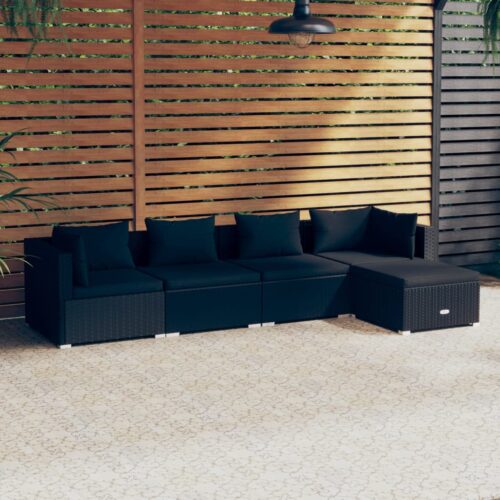 5-Piece Garden Lounge Set with Cushions Poly Rattan Wicker Outdoor Patio Furniture Black - Image 2