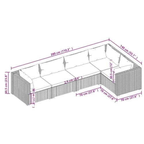 5-Piece Garden Lounge Set with Cushions Poly Rattan Wicker Outdoor Patio Furniture Black - Image 5