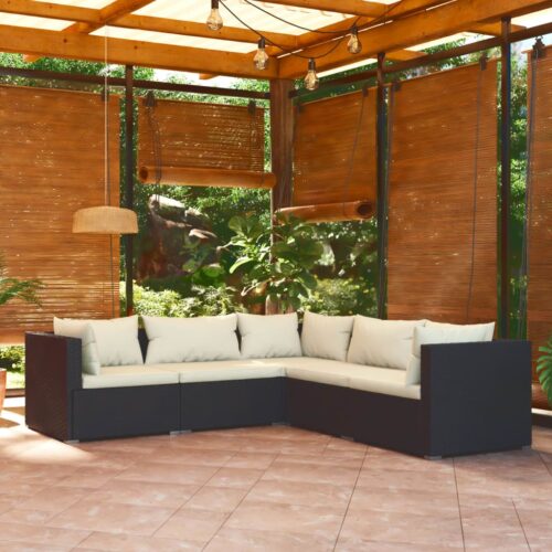 5-Piece Garden Lounge Set with Cushions Poly Rattan Wicker Outdoor Patio Furniture Black - Image 2