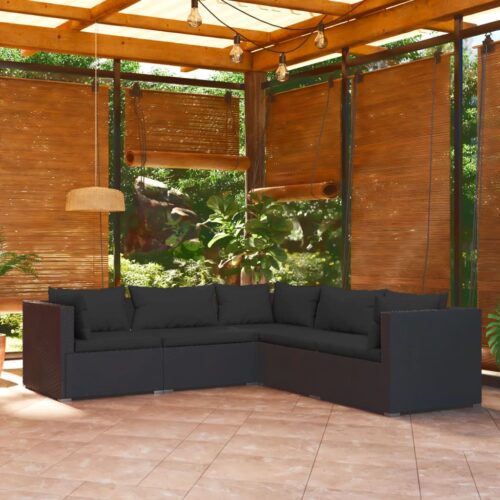 5-Piece Garden Lounge Set with Cushions Poly Rattan Wicker Outdoor Patio Furniture Black - Image 2