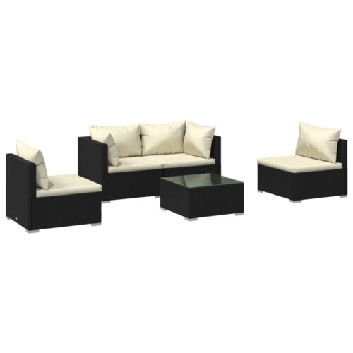 5-Piece Garden Lounge Set with Cushions Poly Rattan Wicker Outdoor Patio Furniture Black