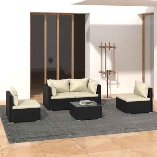5-Piece Garden Lounge Set with Cushions Poly Rattan Wicker Outdoor Patio Furniture Black - Image 2