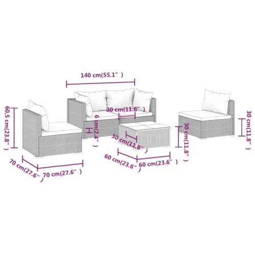 5-Piece Garden Lounge Set with Cushions Poly Rattan Wicker Outdoor Patio Furniture Black - Image 9