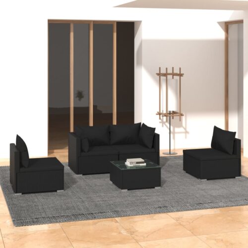 5-Piece Garden Lounge Set with Cushions Poly Rattan Wicker Outdoor Patio Furniture Black - Image 2