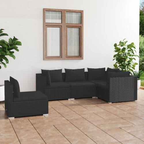 5-Piece Garden Lounge Set with Cushions Poly Rattan Wicker Outdoor Patio Furniture Black - Image 2