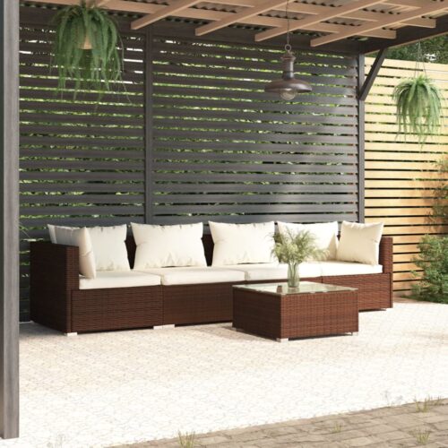 5-Piece Garden Lounge Set with Cushions Poly Rattan Wicker Outdoor Patio Furniture Brown - Image 2