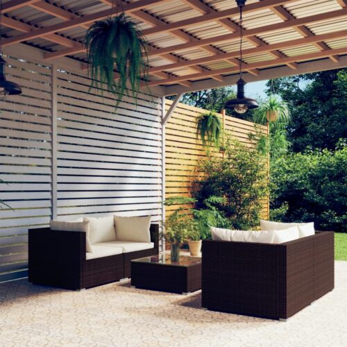 5-Piece Garden Lounge Set with Cushions Poly Rattan Wicker Outdoor Patio Furniture Brown - Image 2