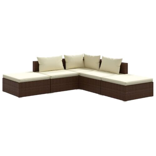 5-Piece Garden Lounge Set with Cushions Poly Rattan Wicker Outdoor Patio Furniture Brown