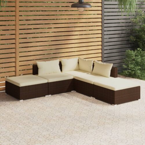 5-Piece Garden Lounge Set with Cushions Poly Rattan Wicker Outdoor Patio Furniture Brown - Image 2