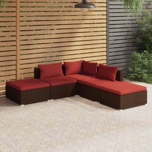 5-Piece Garden Lounge Set with Cushions Poly Rattan Wicker Outdoor Patio Furniture Brown - Image 2