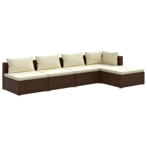 5-Piece Garden Lounge Set with Cushions Poly Rattan Wicker Outdoor Patio Furniture Brown