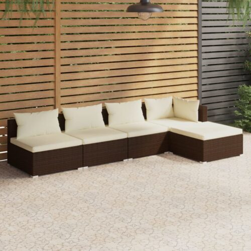 5-Piece Garden Lounge Set with Cushions Poly Rattan Wicker Outdoor Patio Furniture Brown - Image 2